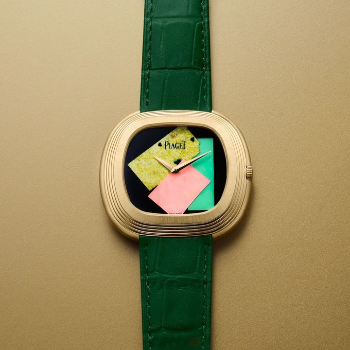 ピアジェ アンディ・ウォーホル ウォッチ 「コラージュ」リミテッドエディション（YG×オニキス×イエロー・サーペンティン×ピンク・オパール×グリーン・クリソプレーズ、ケース径45mm、自動巻き）￥12,320,000（予価） ＊限定50本