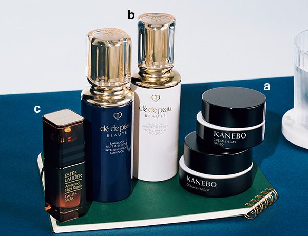 【a】カネボウ クリーム イン デイII 【a】カネボウ クリーム イン ナイトII 【b】エマルションプロテクトゥリス 【b】エマルションアンタンシヴ 【c】アドバンス ナイト リペア LS アイ セラム