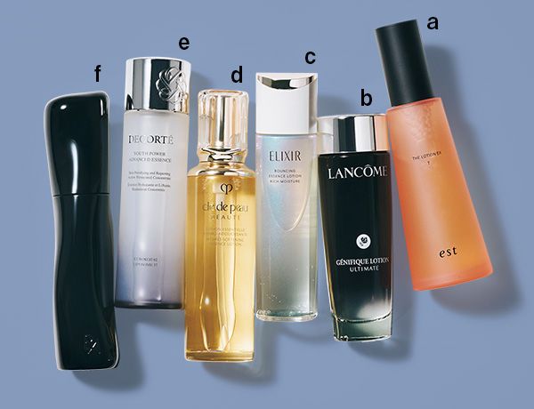 【a】エスト ザ ローション EX 【b】ランコム ジェニフィック アルティメ エッセンス ローション 【c】エリクシール リフトモイスト ローション 【d】クレ・ド・ポー ボーテ ローションエサンシエル A 【e】コスメデコルテ ユース パワー エッセンス ローション 【f】ポーラ B.A ローション