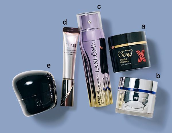 【a】オバジ オバジX バイタライズ リフトクリーム 【b】エピステーム ステムサイエンスリフトクリームc 【c】ランコム レネルジー CRX トリプルセラム RT 【d】エリクシール レチノパワー リンクルクリーム ba 【e】ポーラ B.A クリーム