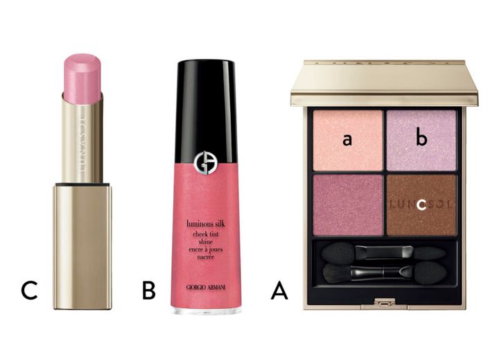 A_ルナソル アイカラーレーション N 09（カネボウ化粧品） B_ルミナス シルク チーク ティント シャイン 62S（アルマーニ ビューティ） C_ルナソル ベアカラーバーム EX05（カネボウ化粧品・限定）