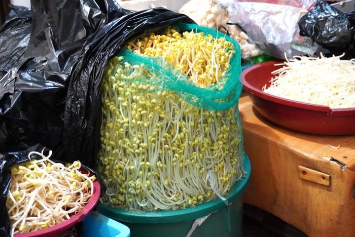 大量の豆モヤシを発見。お店のハルモニが丁寧にひとつずつ根っこを取っていました。