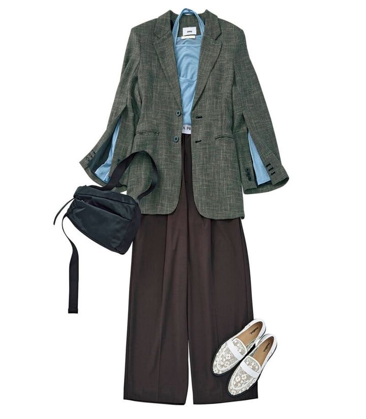 ジャケットは着まわし レイヤードカットソー￥11,550（ジービーエイチ） パンツ￥26,400（プロタゴニスタ／アマン） バッグ￥25,300（ラシット／ラシット 大丸梅田店） ローファー￥22,000（モリーニ／ジャック・オブ・オール・トレーズ プレスルーム）