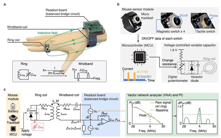 （a）システム図と（b）その回路図。 （c）分散コンデンサによる高感度なコイルの概要。
