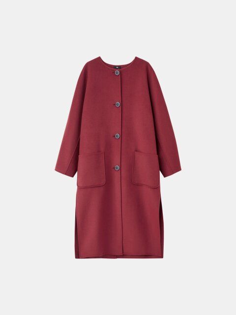 2025plst秋冬ウールブレンドリバーカラーレスロングコート