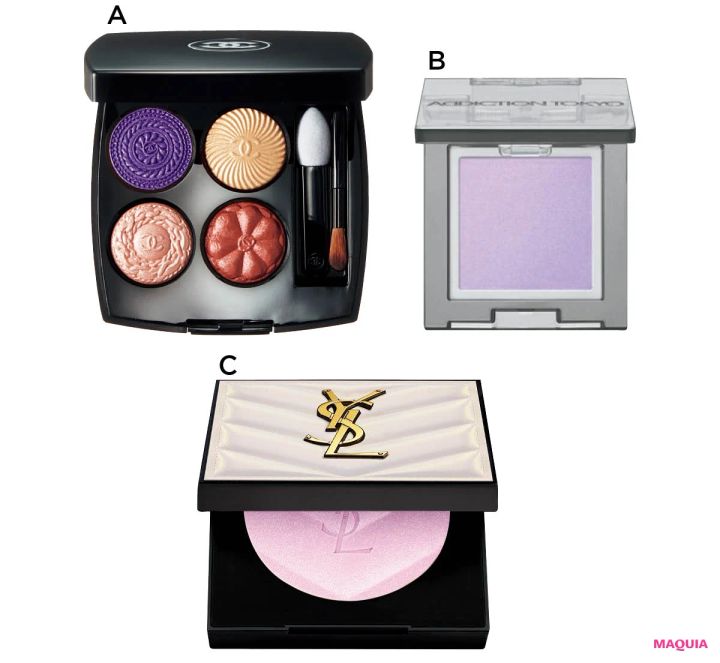 HANA NAOKO メイク使用アイテム シャネル レ キャトル オンブル ブトン 239 アディクション ザ シングル アイシャドウ ネイキッドシアー 007N イヴ・サンローラン・ボーテ オールアワーズ ハイパールミナイザー 69