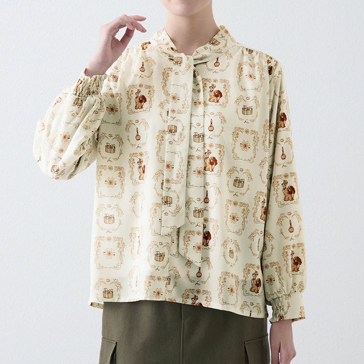 カットソー裏地付きボウタイブラウス