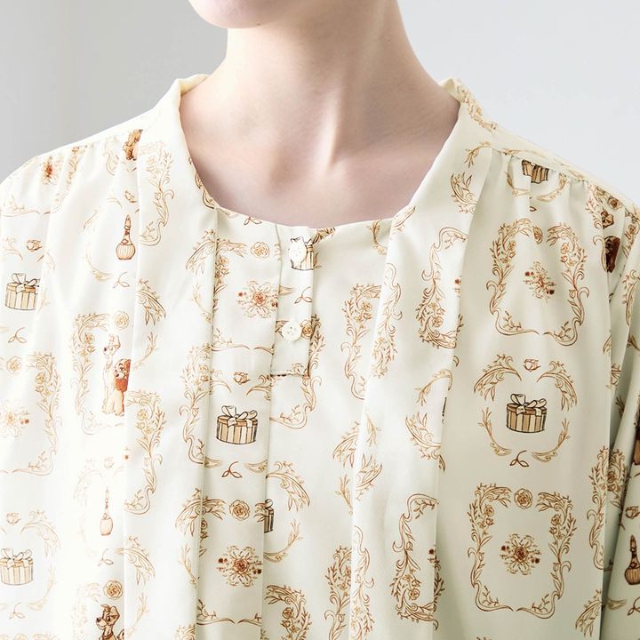 カットソー裏地付きボウタイブラウス ボタン