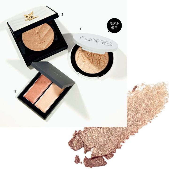 1_ライトリフレクティング ルミナイジングパウダー 03961（NARS JAPAN） 2_オールアワーズ ハイパールミナイザー 02（イヴ・サンローラン・ボーテ） 3_シマリング グロー デュオ R 01（THREE）