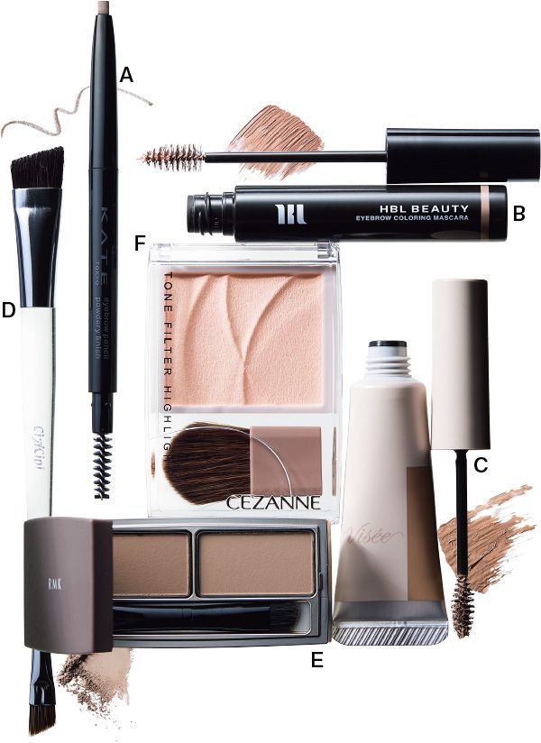 【A】ケイト アイブロウペンシル（パウダリーフィニッシュ） 【B】HBL アイブロウ カラーリングマスカラ 【C】ヴィセ フラッフデザイン アイブロウカラー 【D】シピシピ アイブロウブラシ 熊野筆 【E】RMK アイブロウ パウダー デュオ 【F】セザンヌ トーンフィルターハイライト