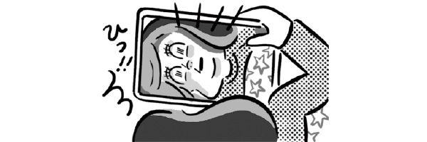 鏡を見て驚く女性／イラスト