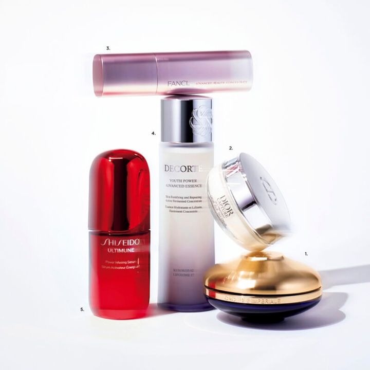 1.オーキデ アンペリアル ザ ロンジェビティ クリーム（ゲラン）、2.ディオール カプチュール クレーム（パルファン・クリスチャン・ディオール）、3.アドバンスト ビューティ コンセントレート（ファンケル）、4.ユース パワー エッセンス ローション（コスメデコルテ）、5.アルティミューン パワライジング セラム（SHISEIDO）