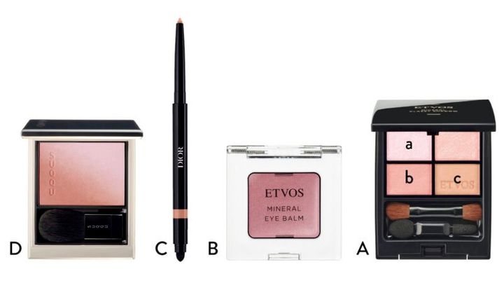 A_ミネラルクラッシィシャドー シフォンアンサンブル、B_ミネラルアイバーム ピオニーワイン ¥2,750（ともにエトヴォス・限定） C_ディオールショウ スティロ ウォータープルーフ 772（パルファン・クリスチャン・ディオール・限定） D_ブラーリング カラー ブラッシュ 07（スック）