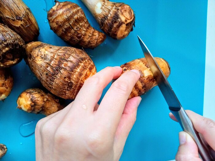 里芋の皮を