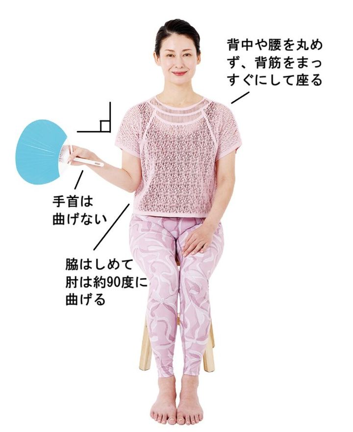 【1】椅子に姿勢よく座り、肩が痛いほうの手でうちわを持つ。外側に開き、肩に痛みを感じる直前で止める。床と平行になるように意識して。