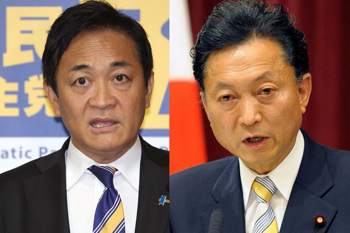左：取材に応じる国民民主党の玉木雄一郎代表（2025年10月15日、時事）／右：当時の鳩山由紀夫首相（2009年09月16日、AFP＝時事）