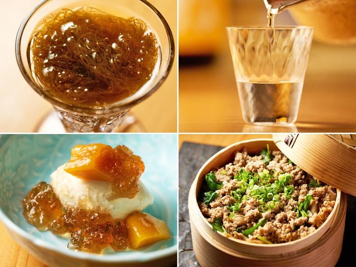 四谷三丁目『荒木町 きんつぎ』の「もずく酢の物」、「夏越し」、「鴨そぼろせいろ蒸しご飯」、「きなこアイス」