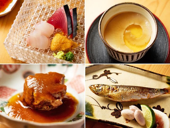 四谷三丁目『荒木町 きんつぎ』の「お造り」、「フカヒレ茶碗蒸し」、「イワシオイル煮」、「牛ほほ肉の煮込み」