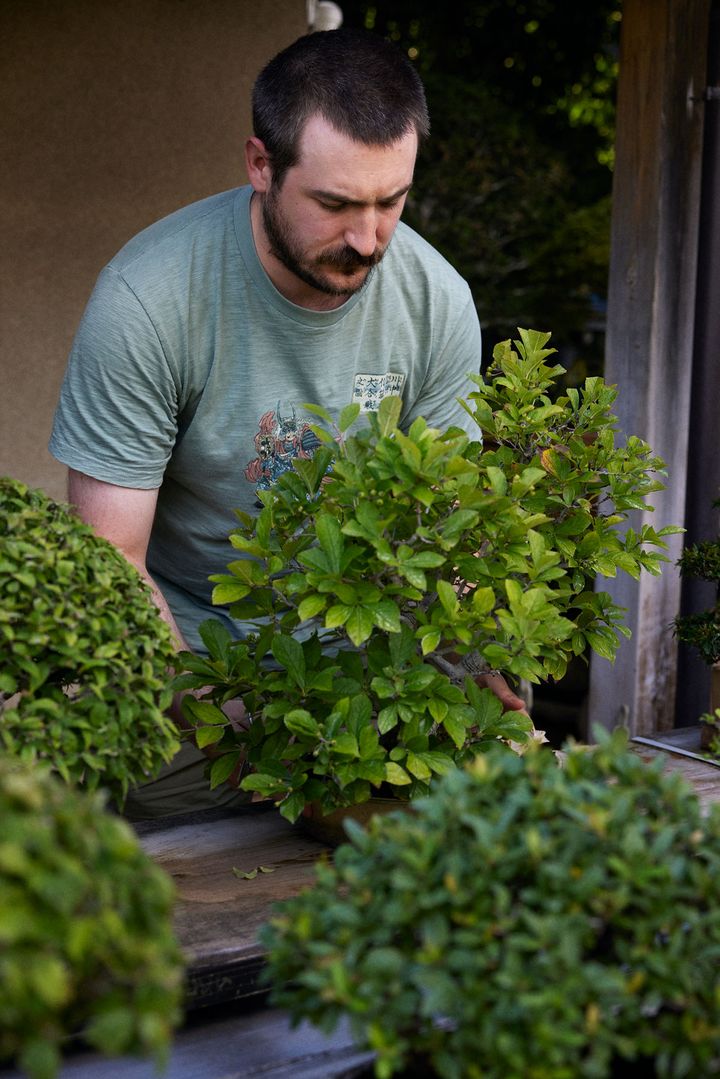 盆栽の手入れをするサミュエルさん