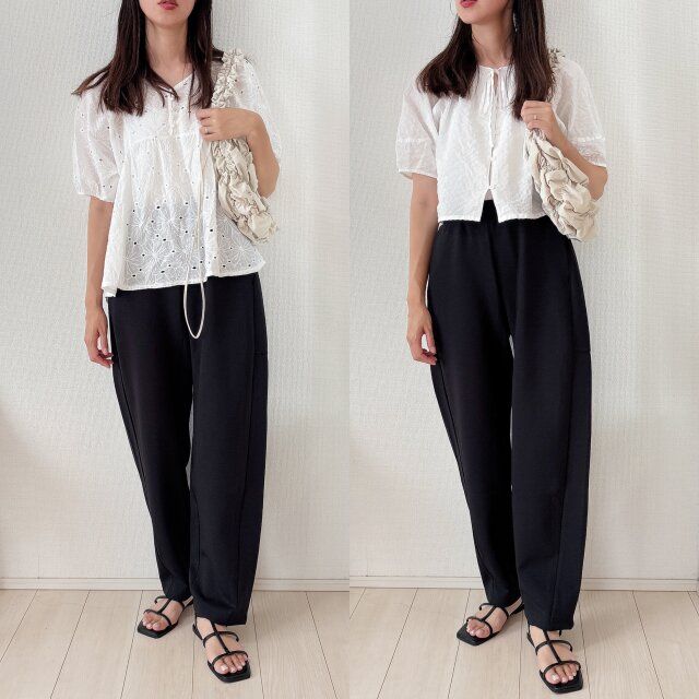 モノトーンコーデも短丈でスタイルアップ