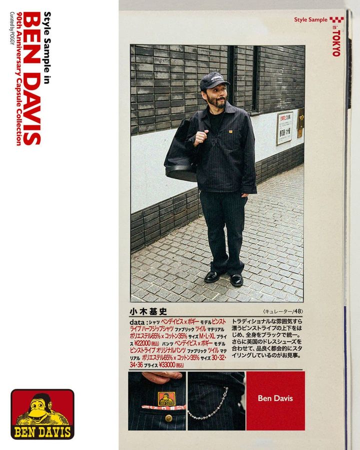 1990年代のアメリカでは、音楽とワークウェアが交錯し、新たなストリートカルチャーが誕生。今回のカプセルコレクションでは、その当時の空気感を尊重しつつ、POGGY 氏が今まで収集してきた1960〜80年代の BEN DAVIS アーカイブをベースにデザインを再構築する。