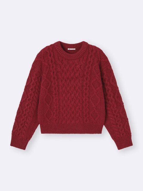 2025秋冬guレディースケーブルクルーネックニットプルオーバー