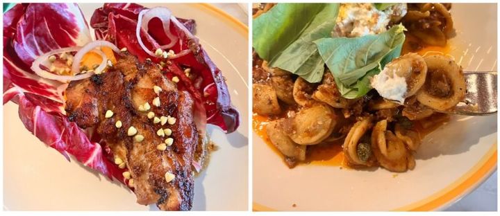 左：グリルドチキンサラダ 右：オレキエッテ ビルズ秋メニュー2025