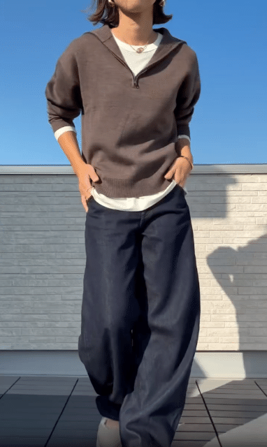 スーピマコットンT/長袖とダブルフェイスハーフジップセーターのコーデ