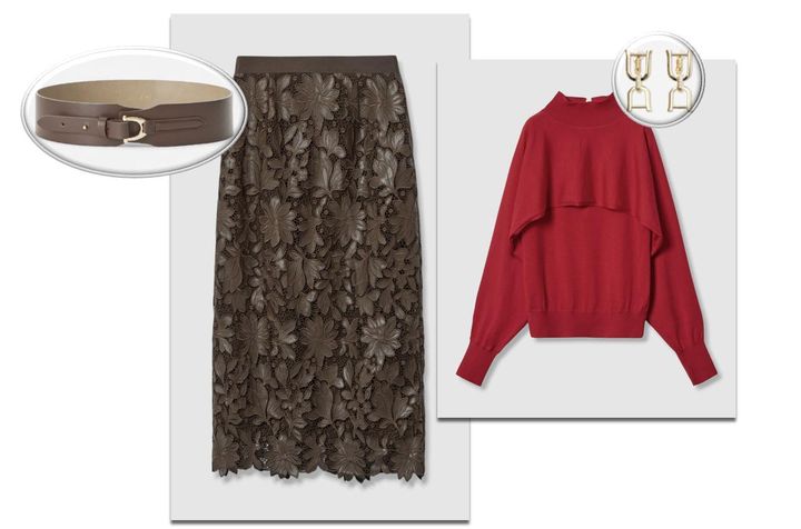 画像: ニットプルオーバー￥31,900・スカート￥59,400・ベルト￥19.800・イヤリング￥14,300