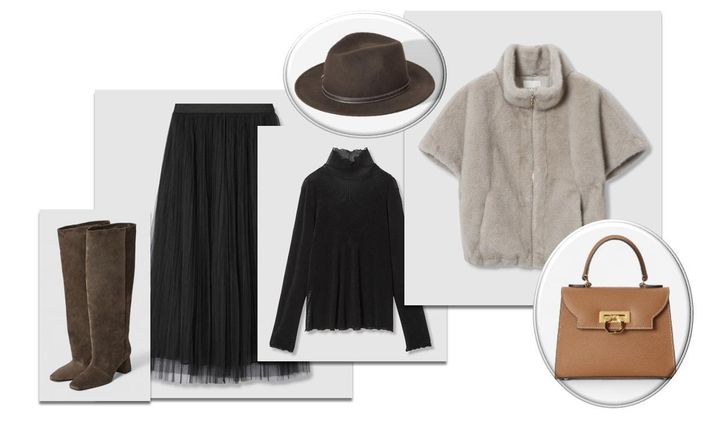 画像: ブルゾン￥57,200・ブルオーバー￥20,900・スカート￥49,500・Bronteのハット￥24,200・CARBOTTIのバッグ￥74,800・FABIO RUSCONIのブーツ￥71,500