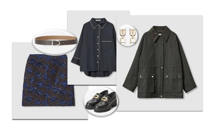 画像: コート￥79,200・シャツ￥37,400・スカート￥55,000・イヤリング￥14,300・MAISON BOINET のベルト￥30,800・PASCUCCI のローファー￥44,000