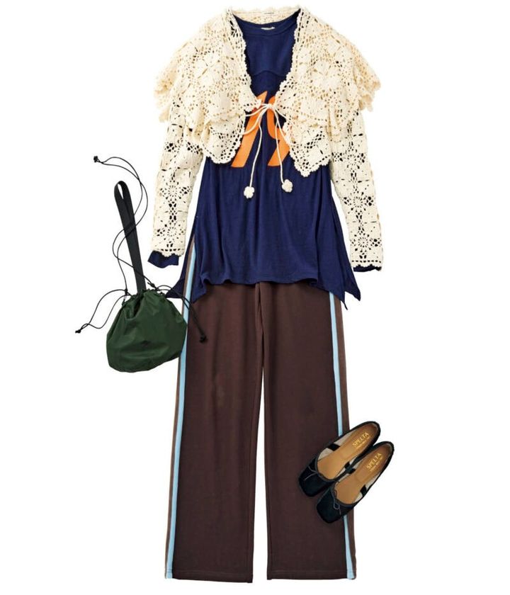 カーディガン￥48,400（オープン セサミ クラブ） ロングTシャツ￥19,800（ウーア／シップス インフォメーションセンター） パンツ￥20,900（アラミンタ ジェームス／ジャック・オブ・オール・トレーズ プレスルーム） バッグ￥7,150（スピード／ゴールドウイン カスタマーサービスセンター） シューズ￥35,200（スペルタ／フラッパーズ）