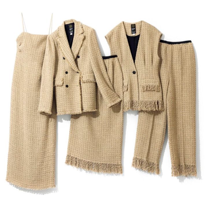 右から、裾のフリンジがナチュラルなラフさを演出。パンツ5万5000円、一つボタンでウエストをシェイプしたカーヴィなシルエット。ジレ6万3800円、素材の魅力を堪能できるシンプルなデザイン。スカート5万2800円、軽やかな着心地ながら、かっちりしたパワーショルダーが凛とした着こなしをかなえる。ジャケット8万8000円、華奢なストラップと大きく開いた背中がセンシュアル。ワンピース5万8300円（すべてグリードインターナショナル）