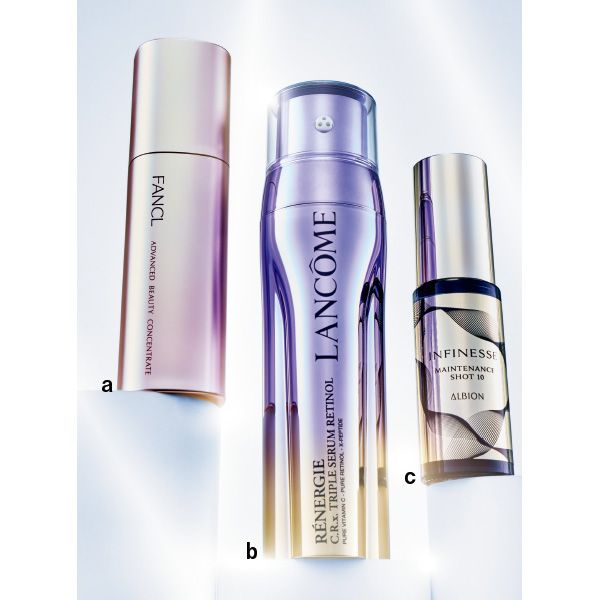 【a】ファンケル アドバンスト ビューティ コンセントレート 【b】ランコム レネルジー CRX トリプルセラム RT 【c】アンフィネス メンテナンス ショット 10