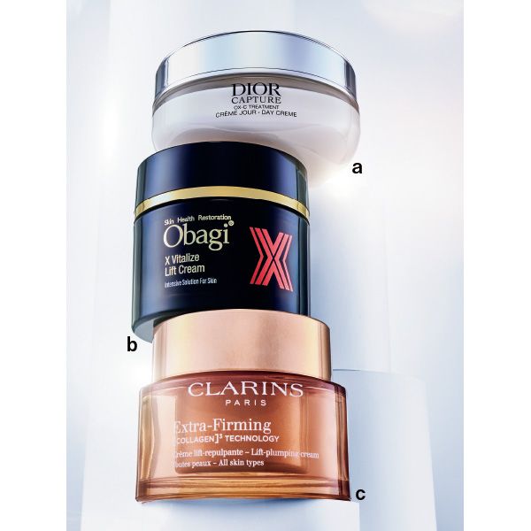 【a】ディオール カプチュール クレーム 【b】オバジ オバジX バイタライズ リフトクリーム 【c】クラランス ファーミング EX クリーム オールスキン