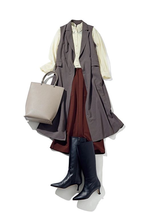 トレンドのブラウンを取り入れた着痩せ通勤コーデ