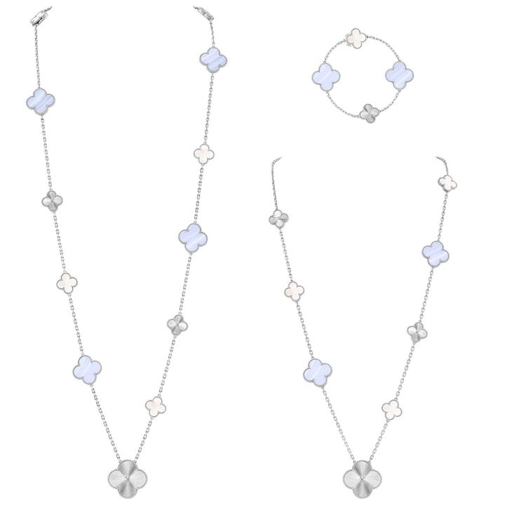 「マジック アルハンブラ トランスフォーマブル ロングネックレス」15モチーフ 18K ホワイトゴールド, カルセドニー, マザー オブ パール ¥6,032,400