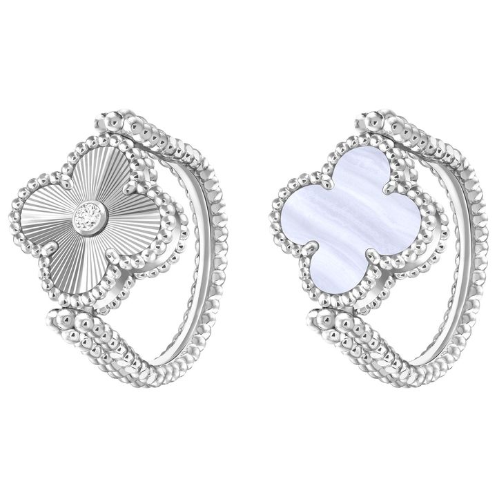 「ヴィンテージ アルハンブラ リバーシブル リング」18K ホワイトゴールド, カルセドニー, ダイヤモンド ¥1,095,600