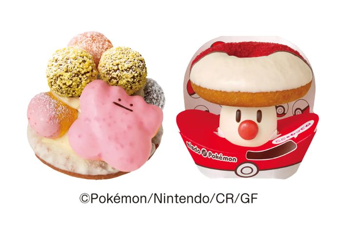 （左）タマゲた！ メタモンのドーナツツリー／テイクアウト：￥648（税込み）、（右）タマゲた！ タマゲタケ ドーナツ／テイクアウト：￥334、イートイン：￥341（税込み）