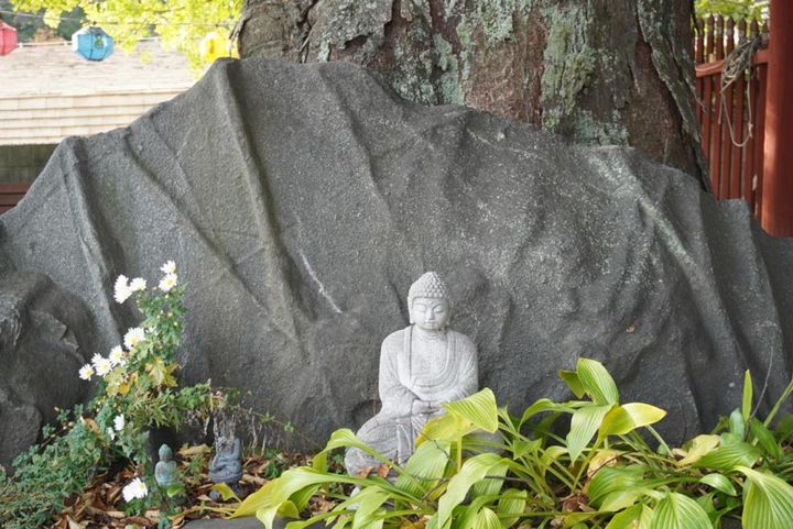 ご神木と思われるほど立派な木の前で鎮座されている、 木とは対照的に、とても小さな仏様。