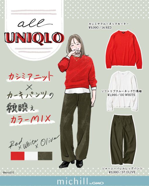 2025秋冬オールユニクロ赤カシミヤ×カーキパンツのカラーミックスコーデ