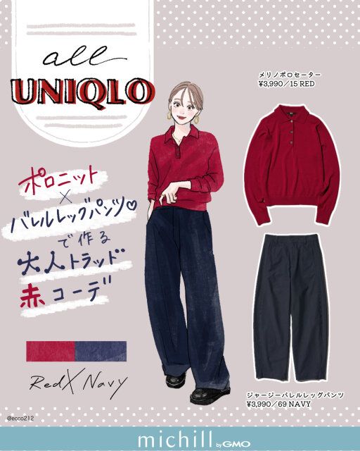 2025秋冬オールユニクロ赤ポロセーター×ネイビーパンツのトラッドコーデ