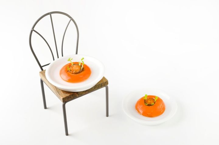 ミニチュアの椅子の上の小皿に再生栽培中のにんじん リボベジ