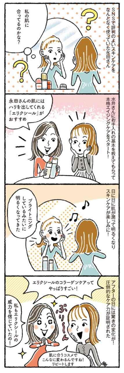 SNSで評判のよいスキンケアをなんとなく使っていた永田さん 永田さん「私の肌に合ってるのかな？」 水井さんにお手入れの基本を教えてもらって本格エイジングケアをスタート！ 水井さん「永田さんの肌にはハリを出してくれる『エリクシール』がおすすめ」 日に日に肌が潤って明るくなりスキンケアが楽しみに！ 永田さん「ブライトニングしているみたいに明るくなってきた」 アフターの日には驚きの変化が！ 圧倒的なケア力が証明された 水井さん・永田さん「エリクシールのコラーゲンケアってやっぱりすごい！」水井さん「私もエリクシールの威力を信じていたの！」永田さん「肌に合うコスメでこんなに変わるんですね！ リピートします」