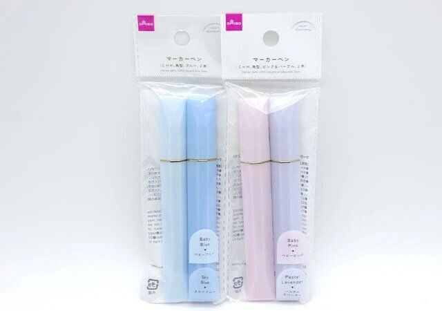 ダイソーのマーカーペン（CHM、角型、ブルー、2本）とマーカーペン（CHM、角型、ピンク＆パープル、2本）のパッケージ