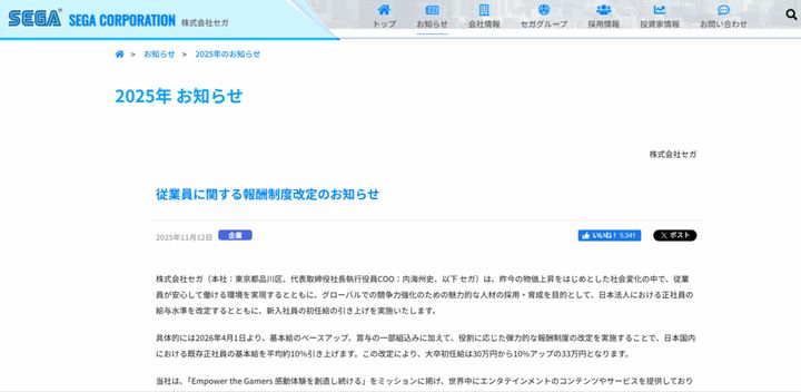 ゲーム大手のセガは12日、昨今の物価上昇に対応するため、新入社員の初任給を引き上げると発表しました。