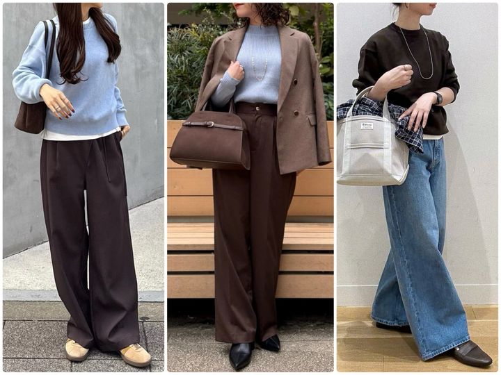 2025年秋冬の一大トレンドカラーとなっている「ブラウン」。今シーズンは「ブルー」と合わせる配色が人気です。※画像出典：WEAR