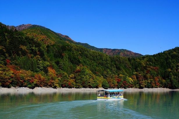 渡船に乗って湖周辺の紅葉を楽しめる/井川湖の紅葉 画像提供：井川支所