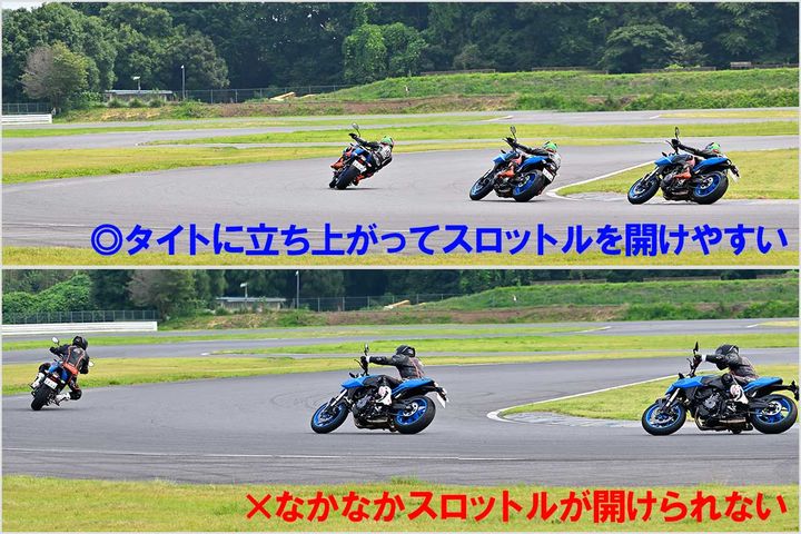 【進入のライン取りで立ち上がりが変わる】中野さんは進入側で鋭く旋回し、なおかつクリッピングポイントが奥なので、立ち上がりではマシンが次のコーナーへ向いている。結果、車体を起こしつつ大きくスロットルを開けられる。同じ地点で、編集・藤田はまだまだ旋回中で、マシンもアウト側に向かっている