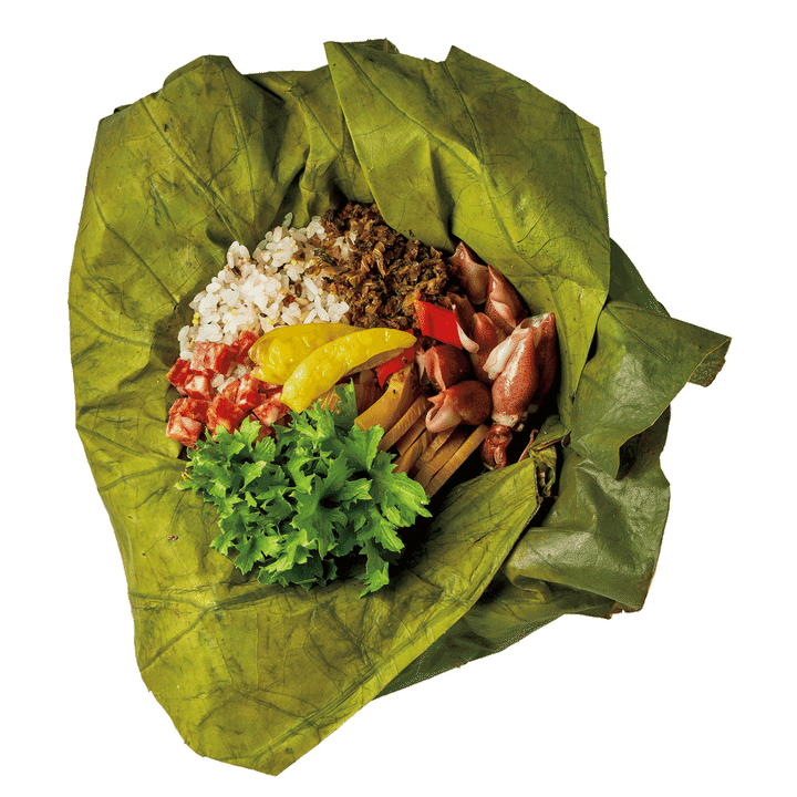 蓮蒸し筍ご飯 ホタルイカ、ヤーツァイ、干し肉添え